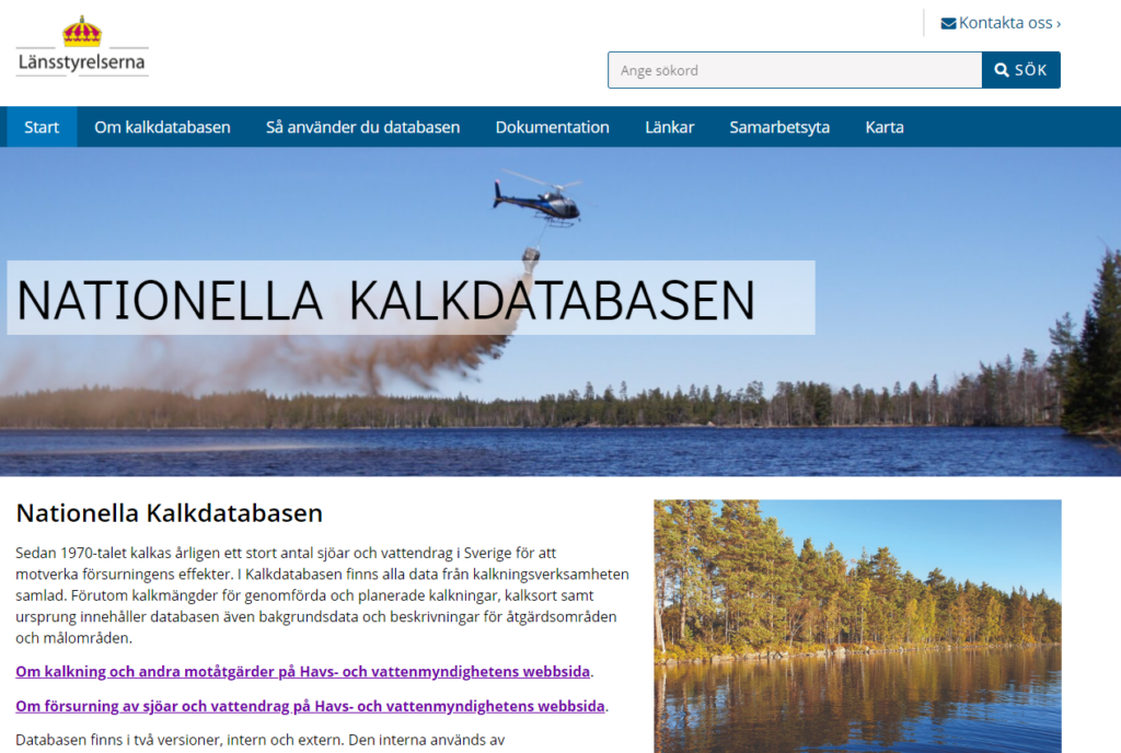Skärmklipp på Nationella kalkdatabasens startsida.